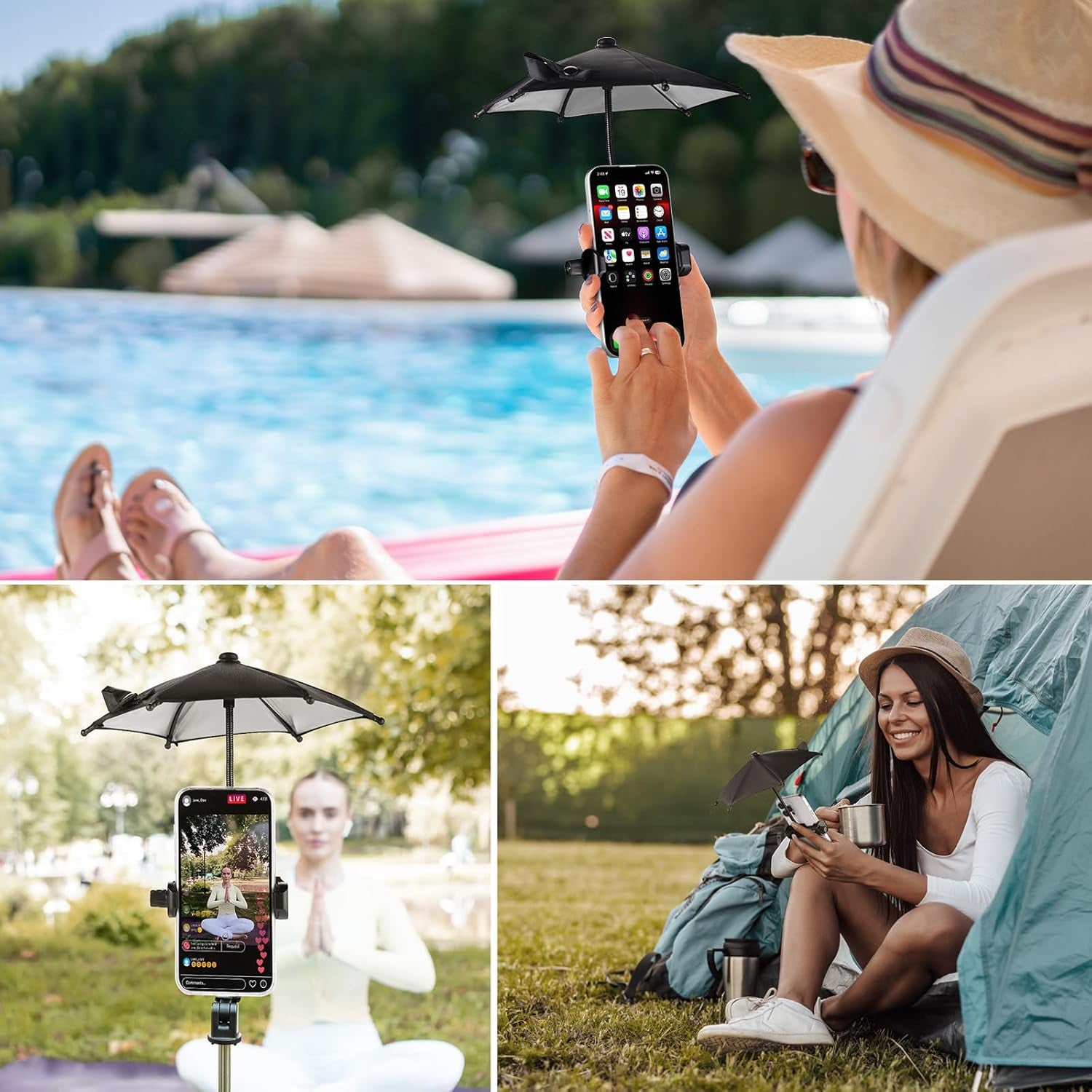 Strong Clip Phone Umbrella for Sun, Mini Tanning Shade Cover for Cell Iphone/Android (Black) (1-Pack)