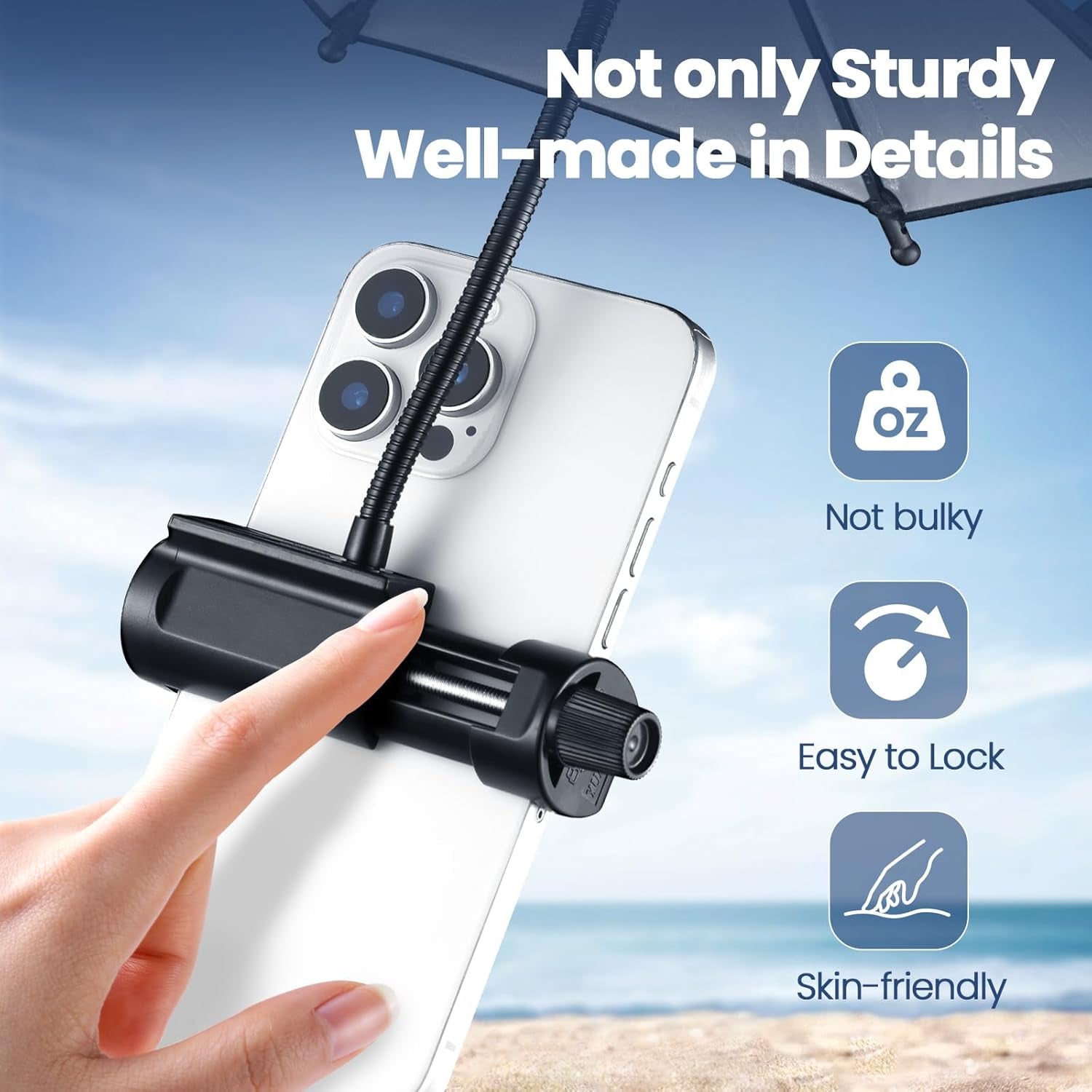 Strong Clip Phone Umbrella for Sun, Mini Tanning Shade Cover for Cell Iphone/Android (Black) (1-Pack)