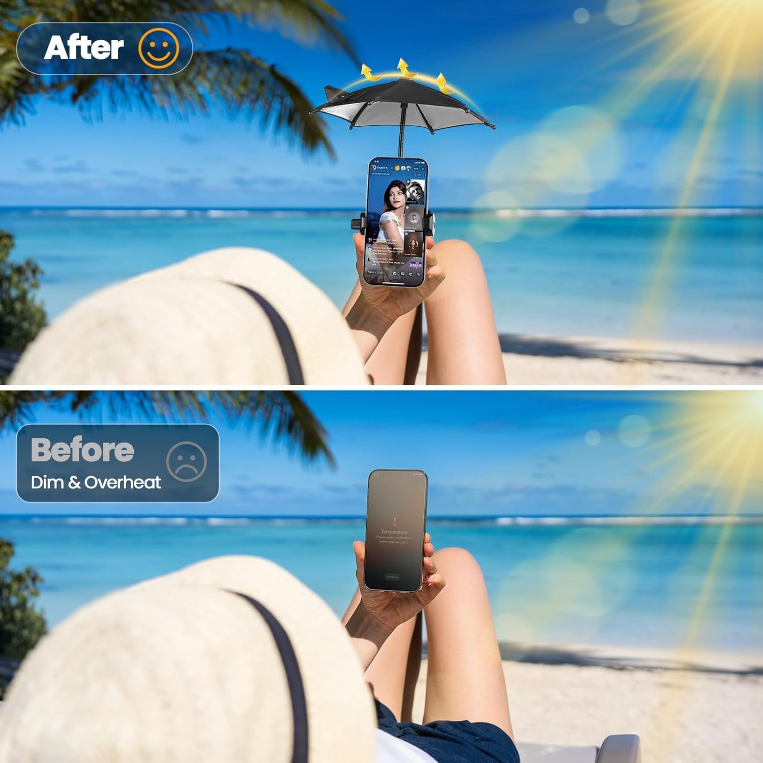 Strong Clip Phone Umbrella for Sun, Mini Tanning Shade Cover for Cell Iphone/Android (Black) (1-Pack)